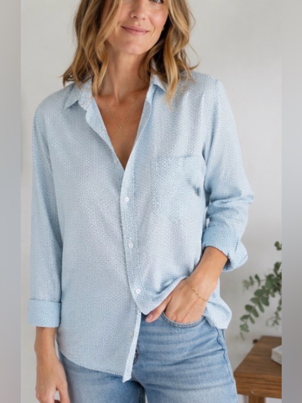 Frank & Eileen Light Blue white micro floral flower print Button-Up shirt top S